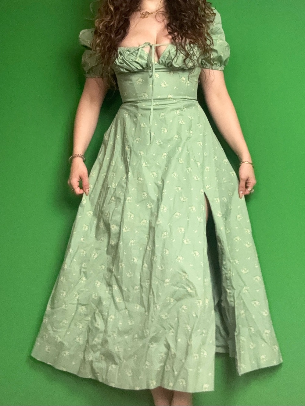 House of CB Green Puff-Sleeve Midi Dress